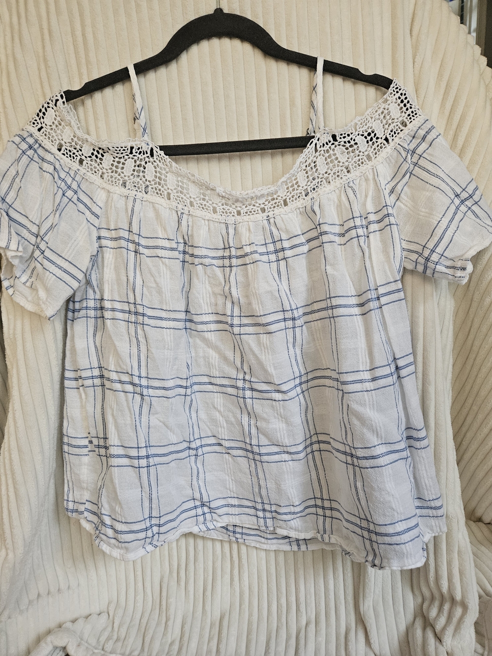 LC Lauren Conrad White and Blue Plaid Crochet-Trim Off-Shoulder Top